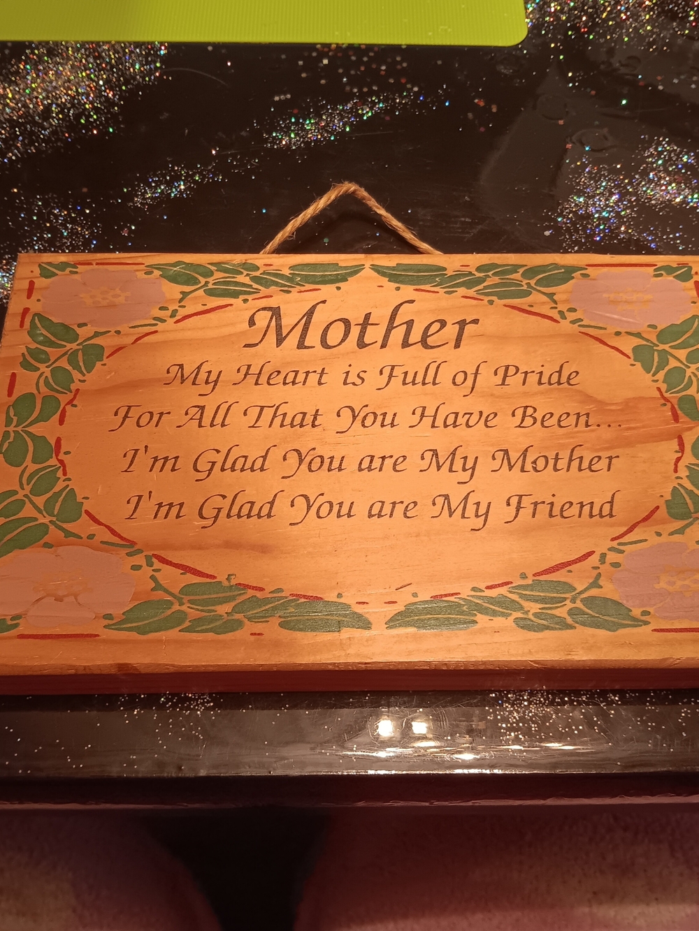Vintage 1980s Mother Wood Wall Plaque - Green and Pink Floral